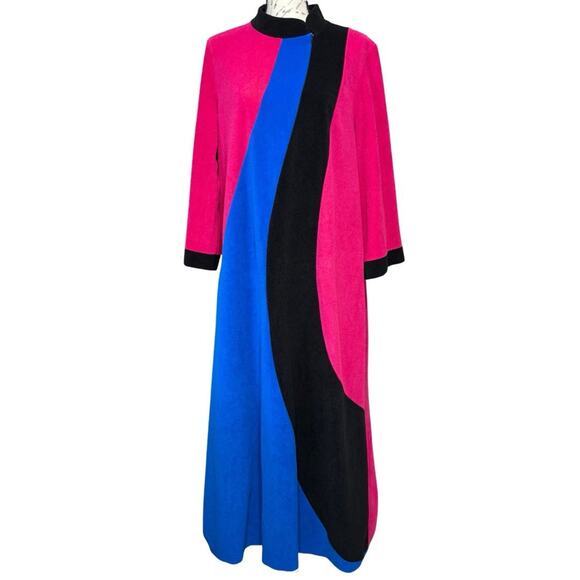 Vintage Vanity Fair Velour Robe Size M Pink Black Blue Full Zip Retro House Coat - Picture 1 of 10
